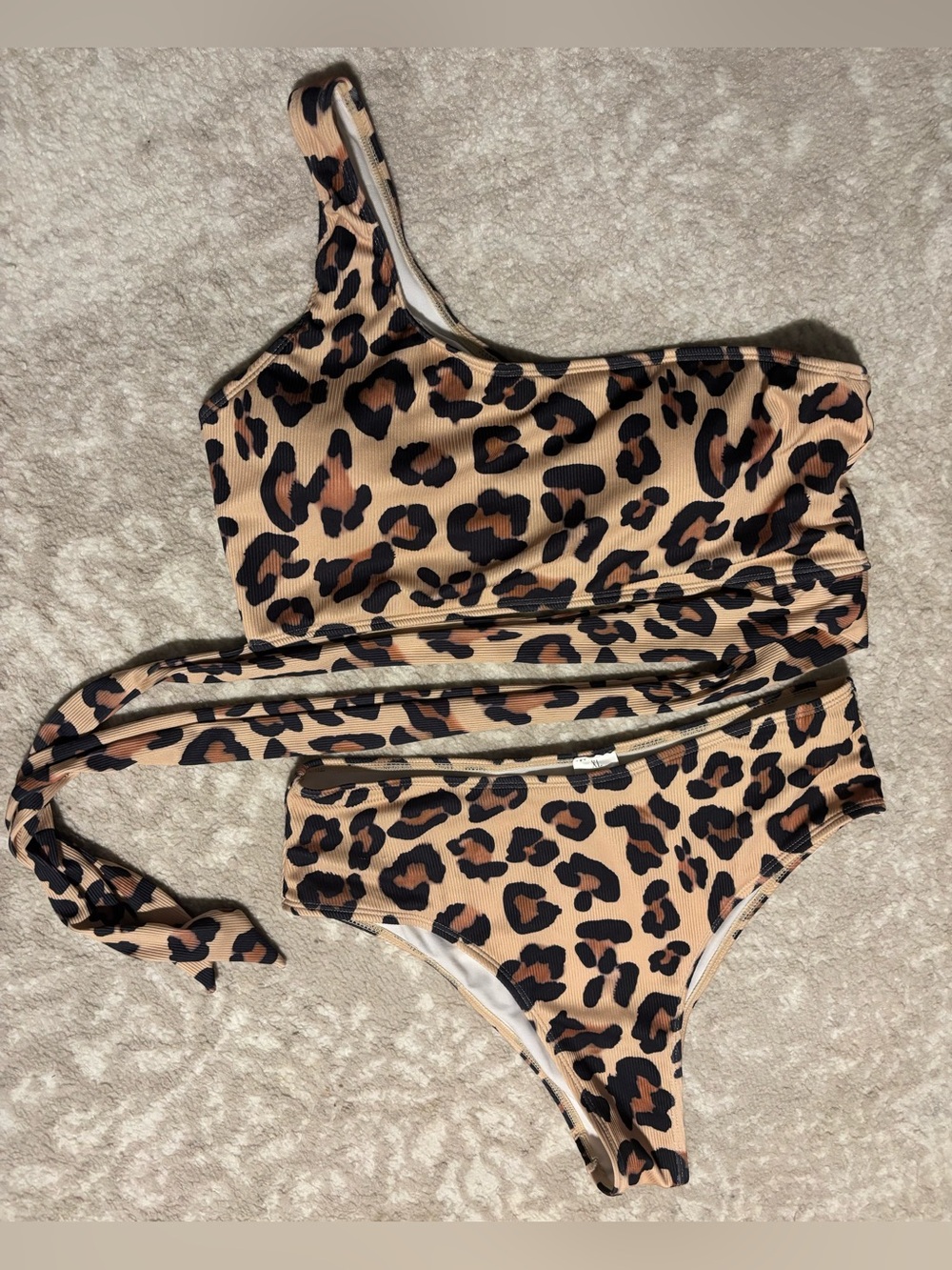 One-Shoulder Wrapping Swimsuit - Leopard Print Tan Black Beige Size XL LIKE NEW